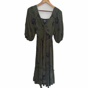 Angie Olive Green Floral High-Low Maxi Dress With Cutout Side Slit Large Boho